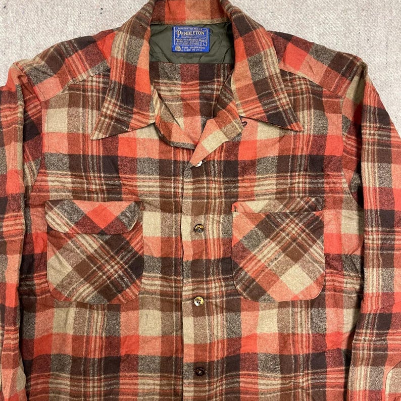 Vintage Pendleton Wool button up shirt mens large orange 1970s plaid image 2