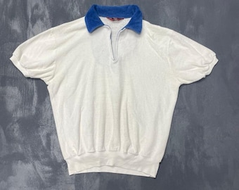 Vintage Terry Cloth V-Neck Polo Shirt Mens L White Blue 90s Transitions Zellers