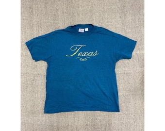 Camisa vintage do Texas, masculina, tamanho G, azul, 1990, costura simples, EUA