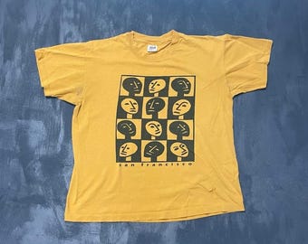 Camiseta Vintage Abstract Faces San Francisco Masculina Tamanho G Amarela Anos 90 Anvil