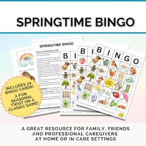 May include: A set of 20 springtime bingo cards with colorful illustrations of spring-themed images like a robin, a bee, a ladybug, a rainbow, a watering can, a fence, a house, a bicycle, a pair of boots, a mushroom, a snail, a clover, a strawberry, a squirrel, a bird, a flower, a seed packet, an umbrella, a truck, and a rabbit. The cards are printed on white paper with black text. The text on the cards reads "Springtime Bingo" and "Free Space".
