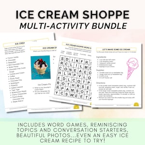 May include: A printable activity bundle for ice cream lovers. The bundle includes word searches, ice cream flavor lists, and a simple ice cream recipe. The text on the page reads "Ice Cream Shoppe Multi-Activity Bundle".