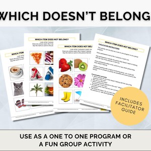 May include: Three printable worksheets with the title "Which Item Does Not Belong?"  Each worksheet has a grid of 3x3 images. The facilitator guide is included.  Use as a one-to-one program or a fun group activity.