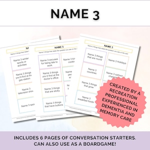 May include: A set of six printable conversation starter cards with the title "Name 3" and a variety of prompts for conversation. The cards are designed to be used as a game or activity for people with dementia or memory care needs. The cards are colorful and feature a variety of themes, including holidays, food, and nature.