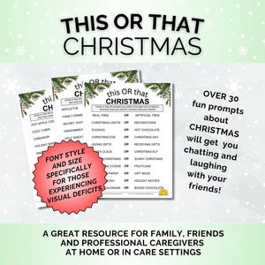 May include: A printable Christmas-themed "This or That" game with over 30 prompts about Christmas traditions. The game is designed to be played with friends and family. The text "This or That Christmas" is in a large, bold font at the top of the page. The game is printed on white paper with a green and white Christmas-themed border.