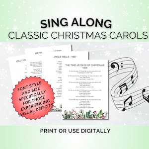 Puede incluir: Un conjunto de hojas de canciones de villancicos navideños clásicas imprimibles con una fuente grande para una lectura fácil. El conjunto incluye "We Wish You a Merry Christmas", "Jingle Bells", "Jolly Old Saint Nicholas" y "The Twelve Days of Christmas".