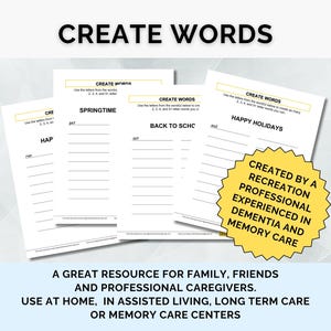 以下が含まれることがあります： 「単語を作る」というタイトルの印刷可能なワークシートが4枚あり、「春」、「学校に戻る」、「ハッピーホリデー」という単語の文字を使って、できるだけ多くの単語を作成するよう指示されています。このワークシートは、認知症と記憶ケアの経験を持つレクリエーション専門家向けに設計されています。
