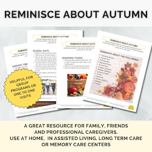 Reminisce About Autumn conversation starter game, fall time activity program, printable dementia memory care game for seniors