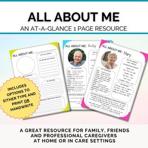 May include: Three printable "All About Me" templates with a photo space, sections for personal information, and a space for favorites and dislikes. The templates are in yellow, blue, and pink.