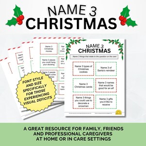 May include: A printable Christmas game card with a red and green holly border. The card has the text "Name 3 Christmas" and asks players to name three things that relate to the question on the card. The card has several questions, such as "Name 3 types of Christmas cookies" and "Name 3 gifts you'd like to receive".