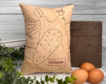 Primitive Gift For Chicken Lover, Country Farmhouse Style Decor, Hand Embroidered Chicken Pillow