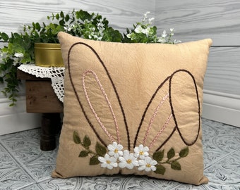 Spring Floppy Rabbit Ears with Daisies Decorative Pillow, Embroidered Easter Bunny Ears, Spring Decor, Easter Gifts, Farmhouse Easter