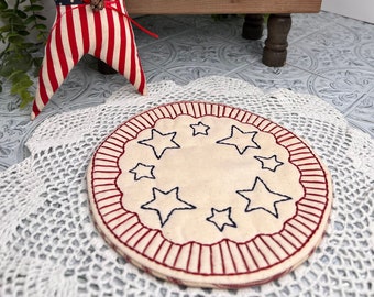 Patriotic Table Decor, Red White Blue Candle Mat, Stars and Stripes Decor