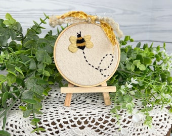 Bee Mini Hoop with Easel, Tiered Tray Decor, Hand Embroidered, Spring Decor