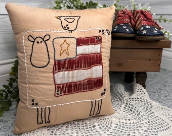 Primitive Patriotic Ewe Lamb and Crow Pillow, US flag, Americana Decor, Red White Blue