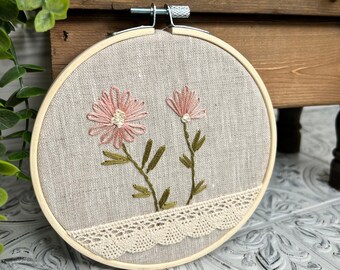 Neutral Floral with Lace Embroidery Hoop, Farmhouse Table Decor, Mother's Day Gift