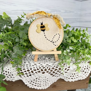 Bee Mini Hoop with Easel, Tiered Tray Decor, Hand Embroidered, Spring Decor