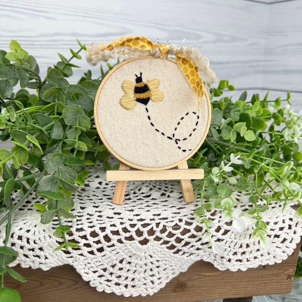 Bee Mini Hoop with Easel, Tiered Tray Decor, Hand Embroidered, Spring Decor