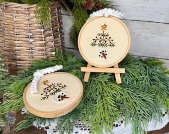 Hand Embroidered Snowman Christmas Hoop, Primitive Tree, Winter Decor (3.5" Diameter)