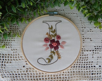 Finished Embroidered Floral Monogram Initial Hoop Art, Wall Hanging, Hand Embroidered, Baby Girl Nursery Decor