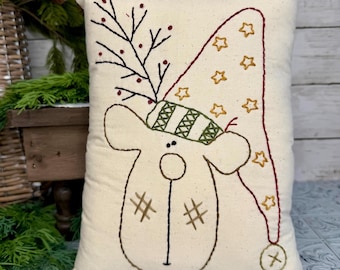 Hand Embroidered Reindeer Pillow, Primitive Christmas Decor, Rustic Farmhouse Cushion
