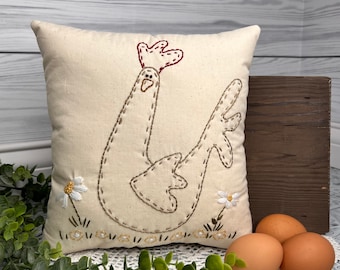 Whimsical Gift For Chicken Lover, Farmhouse Style Decor, Hand Embroidered Chicken Pillow