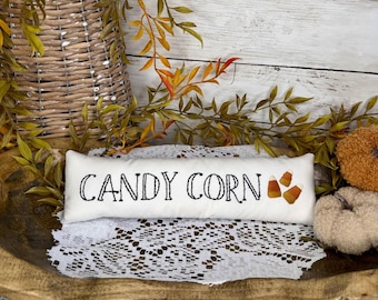 Hand Embroidered Candy Corn Pillow, Rustic Halloween Decor, Farmhouse Accent