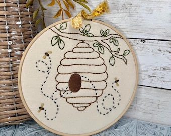 Beehive Embroidery Hoop, Hand Embroidered Bee Wall Decor, Farmhouse Cottage Decor, Nature Inspired