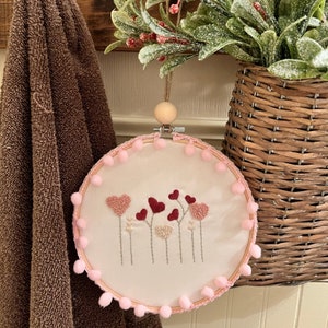 Valentine Heart Flowers Hoop, Wall Hanging, Hand Embroidered, Valentines Decor, Peg Rail image 2