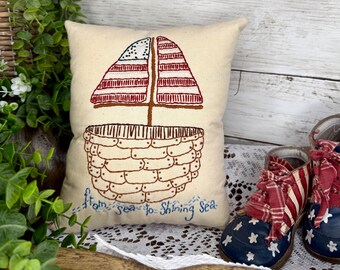 Hand Embroidered Patriotic Pillow, Red White Blue Sail Boat, From Sea to Shining Sea