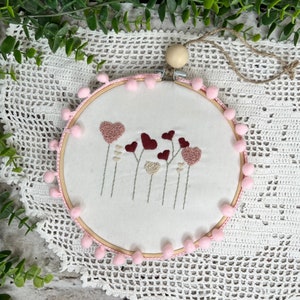 Valentine Heart Flowers Hoop, Wall Hanging, Hand Embroidered, Valentines Decor, Peg Rail image 1