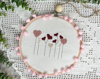 Valentine Heart Flowers Hoop, Wall Hanging, Hand Embroidered, Valentines Decor, Peg Rail