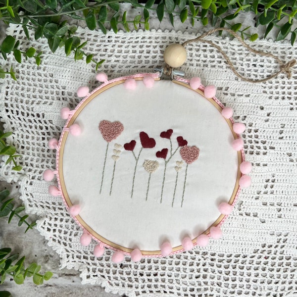 Valentine Heart Flowers Hoop, Wall Hanging, Hand Embroidered, Valentines Decor, Peg Rail