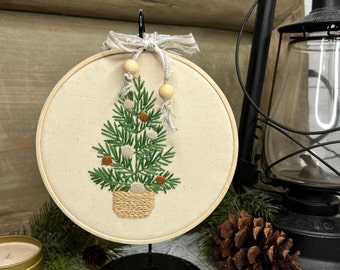 Christmas Tree Hoop, Wall Hanging, Hand Embroidered, Farmhouse Country Christmas Decor