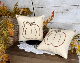 Hand Embroidered Hanging Pumpkin Pillow, Fall Farmhouse Decor