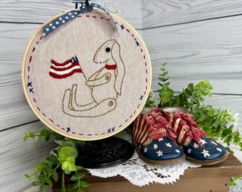 Hand Embroidered Patriotic Rabbit Hoop, Americana Tiered Tray Decor