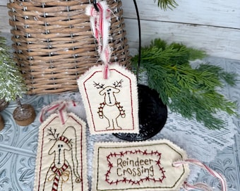 Hand Embroidered Reindeer Christmas Tags, Primitive Holiday Decor (Set of 3)