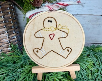 Hand Embroidered Gingerbread Man Hoop, Primitive Christmas Decor, Rustic Farmhouse Holiday Art