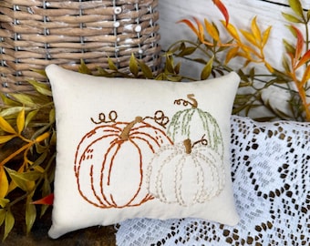 Hand Embroidered Pumpkin Pillow, Neutral Fall Pumpkin Decor, Autumn Farmhouse Thanksgiving Decoration