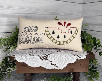Hand Embroidered Summer Kitchen Decor, One In A Melon Watermelon Decorative Pillow