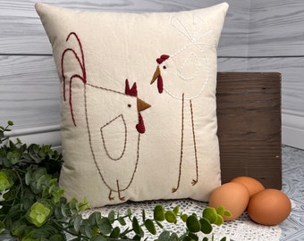 Whimsical Gift For Chicken Lover, Farmhouse Style Decor, Hand Embroidered Chicken Pillow