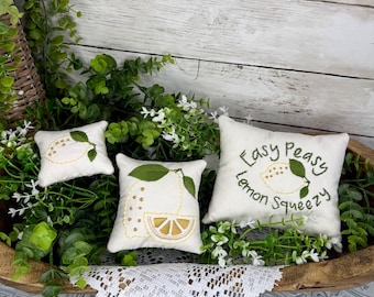 Hand Embroidered Lemon Mini Pillow Set, Farmhouse Tiered Decor, Summer Citrus Decor
