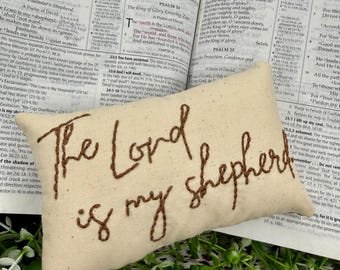 The Lord Is My Shepherd Mini Pillow, Embroidered Christian Decor, Psalm 23 Scripture Pillow