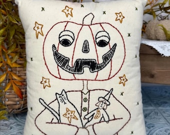 Hand Embroidered Folk Art Pumpkin Pillow, Whimsical Halloween Decor, Cat Witch Accent (9" x 10")