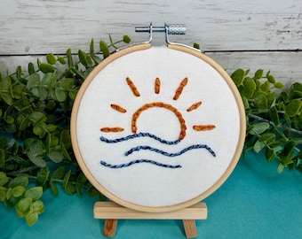 Tropical Sunrise Embroidery Hoop with Stand, Beach Decor, Coastal Wall Art