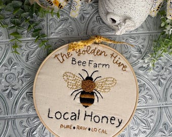 Hand Embroidered Bee Hoop Art, Summer Kitchen Decor, Farmhouse Style, Gift for Beekeeper