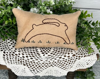 Leaping Rabbit Mini Pillow For Tiered Tray, Bunny Hand Embroidered Muslin Pillow, Easter Decor, Farmhouse Spring