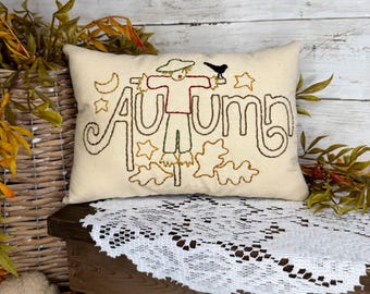 Hand Embroidered Scarecrow Pillow, Rustic Autumn Decor