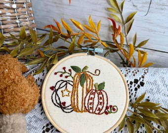 Hand Embroidered Fall Pumpkin Hoop, Autumn Harvest Wall Art