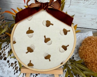 Acorn Embroidery Hoop with Easel Stand, Fall Embroidered Art, Autumn Acorn Decor